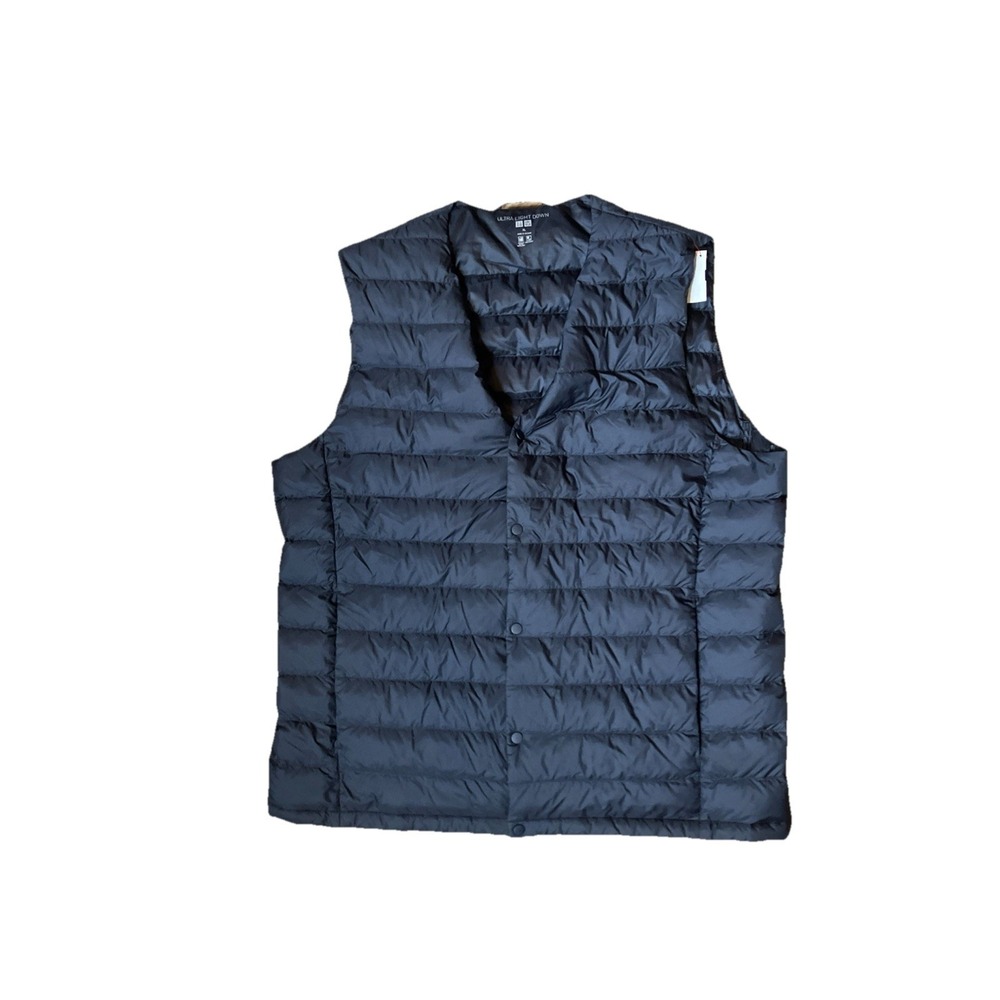 UNIQLO Mens Large Dark Blue Ultra Light Down Vest Snap Front V-Neck Packable